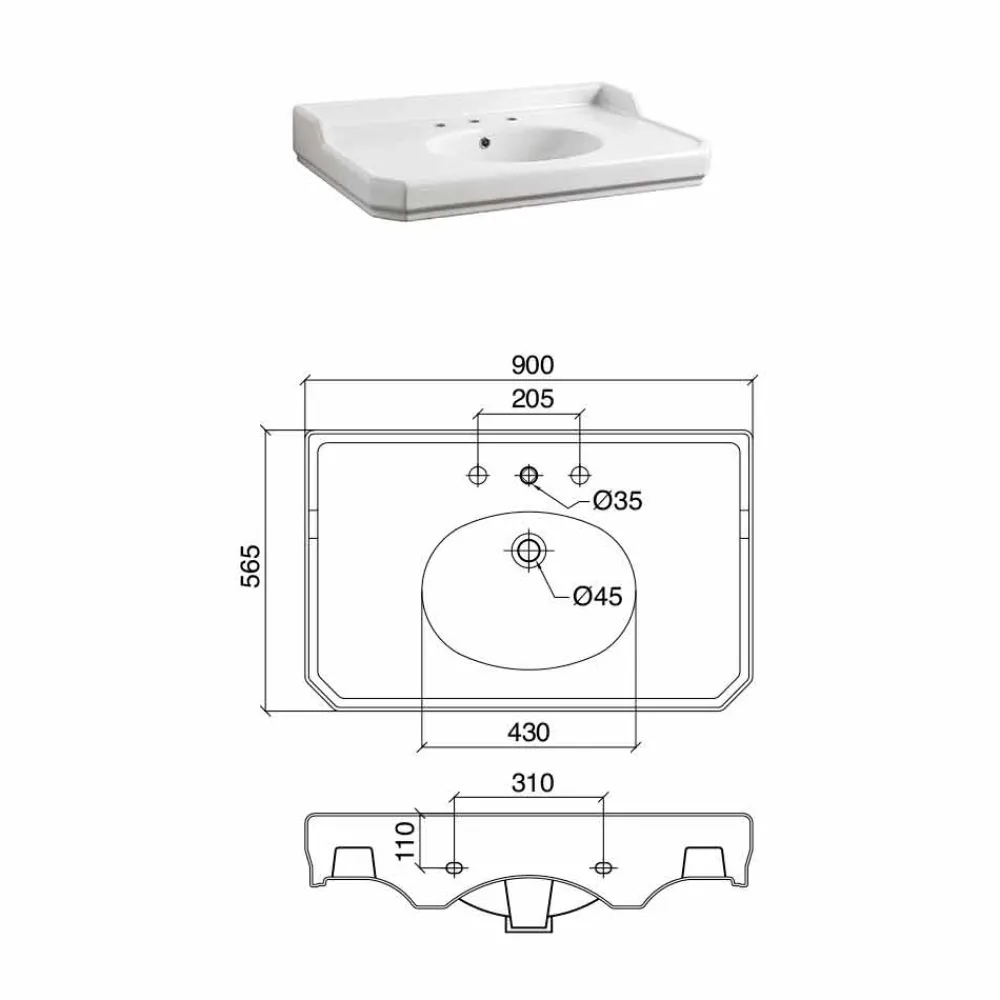 Viadurini Bathroom Vintage Waschbecken|Keramikwaschbecken-90 cm Vintage Badezimmerkonsole, weiße Keramik, mit Füßen Made in Italy - Nausica