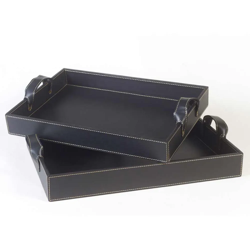 Viadurini Living Küchenzubehör-2 Design-Tabletts aus schwarzem Leder 41x28x5cm und 45x32x6cm Anastasia