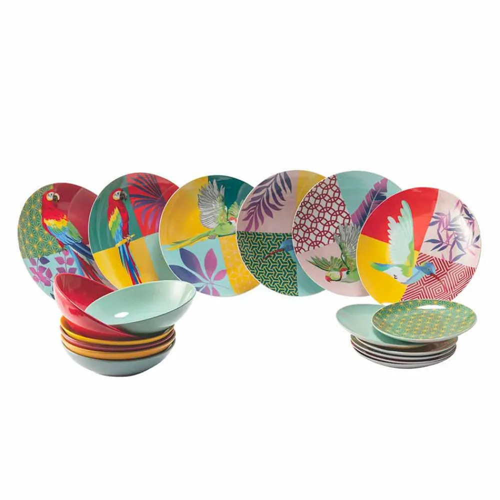 Viadurini Kitchen Teller Set-18 Stück farbiges Design Porzellan und Gres Geschirr Service - Tropycale