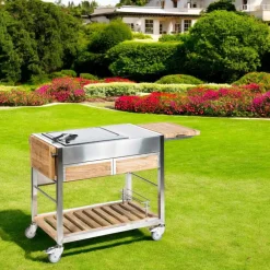 Viadurini in the Garden Outdoor Küchen-Außenküche auf Rädern aus Stahl und Holz mit Teppanyaki - Buoncalliope