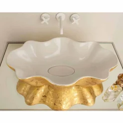 Viadurini Bathroom Farbige Waschbecken-Aufsatzwaschbecken Design aus weißer goldfarbener Keramik Cubo Italy