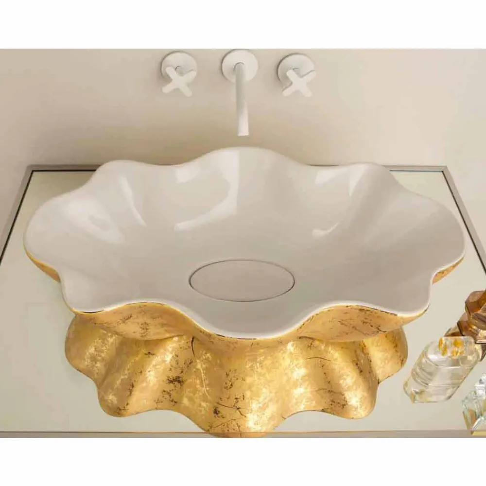 Viadurini Bathroom Farbige Waschbecken-Aufsatzwaschbecken Design aus weißer goldfarbener Keramik Cubo Italy