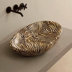 Viadurini Bathroom Farbige Waschbecken-Aufsatzwaschbecken, Design, Keramik, gestreift, orange Glossy Italy