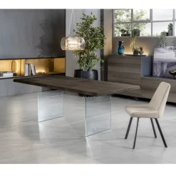 Viadurini Living Ausziehbare Esstische-Ausziehbarer Tisch auf 300 cm aus Eiche und Sockel aus gehärtetem Glas – Nicoall