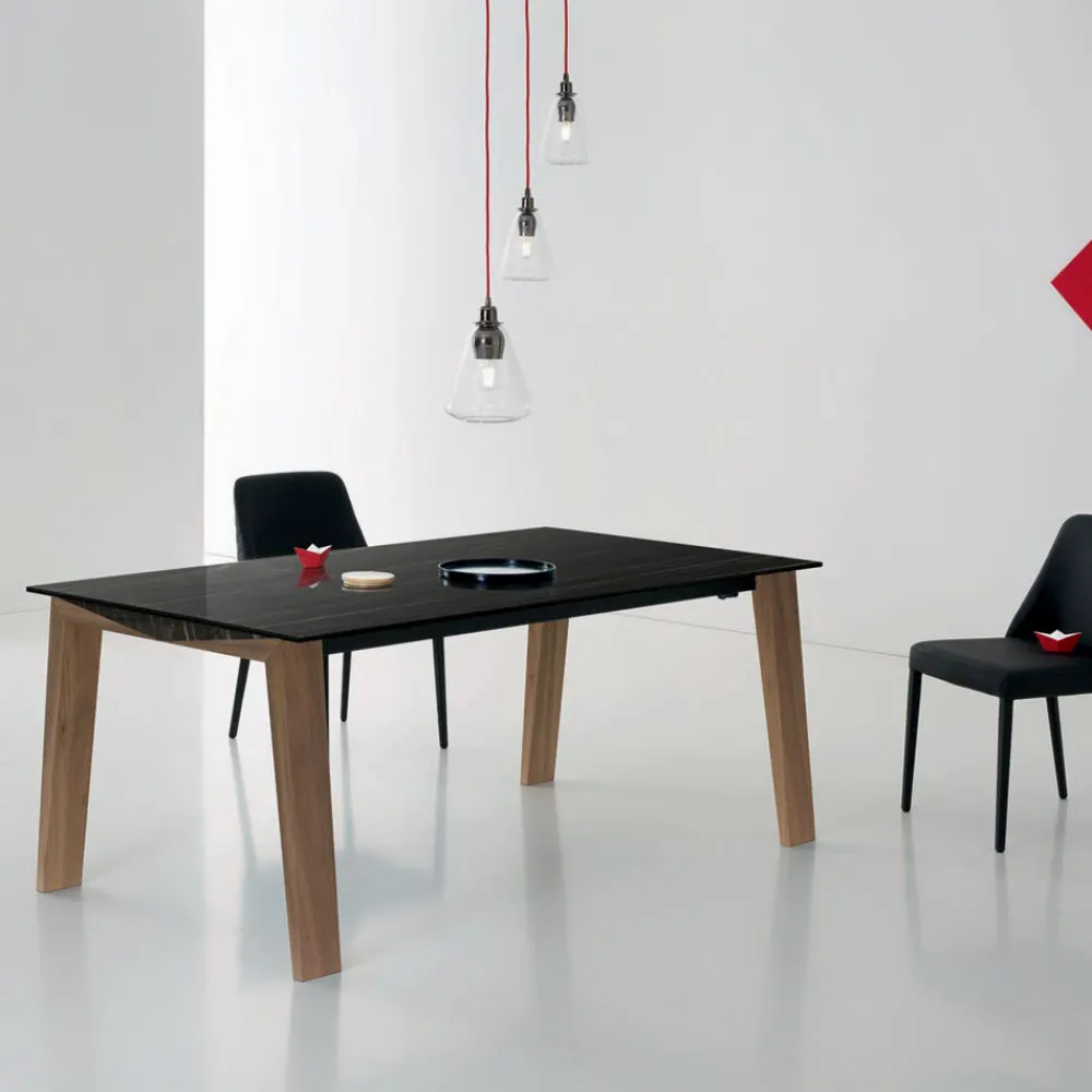 Viadurini Living Ausziehbare Esstische-Ausziehbarer Tisch auf 2,4 m aus Massivholz und Keramikplatte - Antares