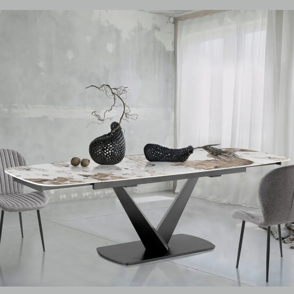 Viadurini Living Ausziehbare Esstische-Ausziehbarer Tisch aus Metall und Keramikplatte in Onyxmarmor-Finish - Marche