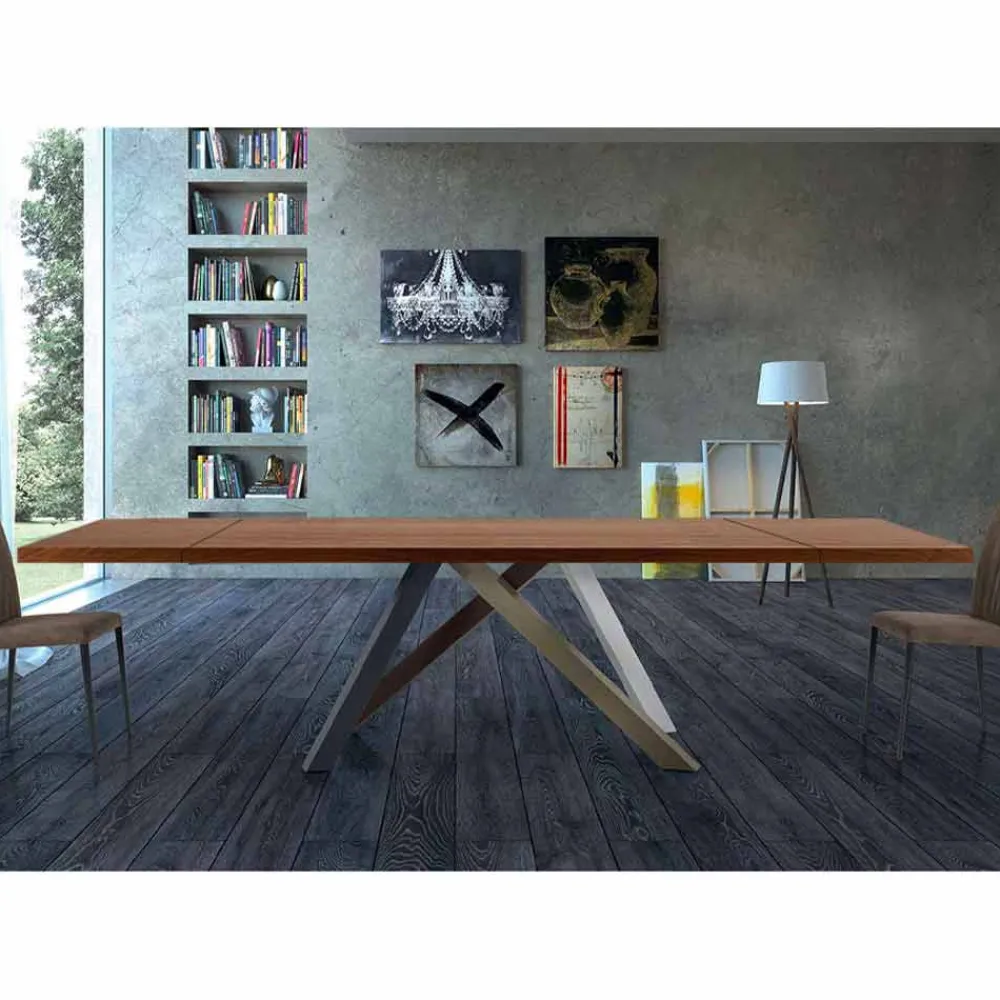 Viadurini Living Ausziehbare Esstische-Ausziehbarer Tisch bis 300 cm aus Holz und Stahl, hergestellt in Italien – Settimmio