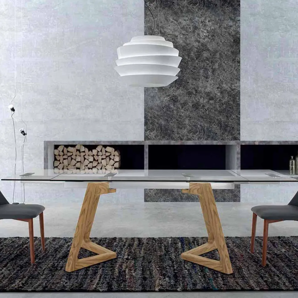 Viadurini Living Ausziehbare Esstische-Ausziehbarer Tisch bis 280 cm aus Glas und furniertem Holz – Eugrafo