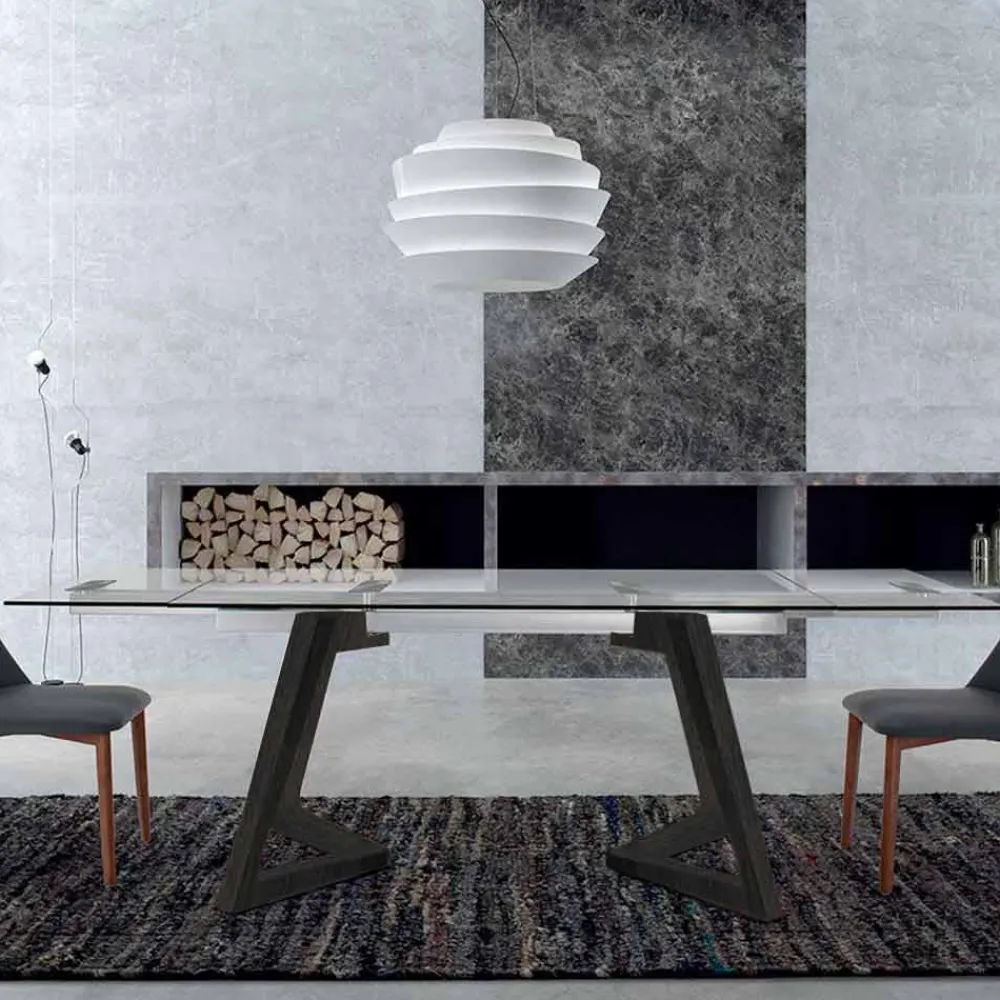 Viadurini Living Ausziehbare Esstische-Ausziehbarer Tisch bis 280 cm aus Glas und furniertem Holz – Eugrafo