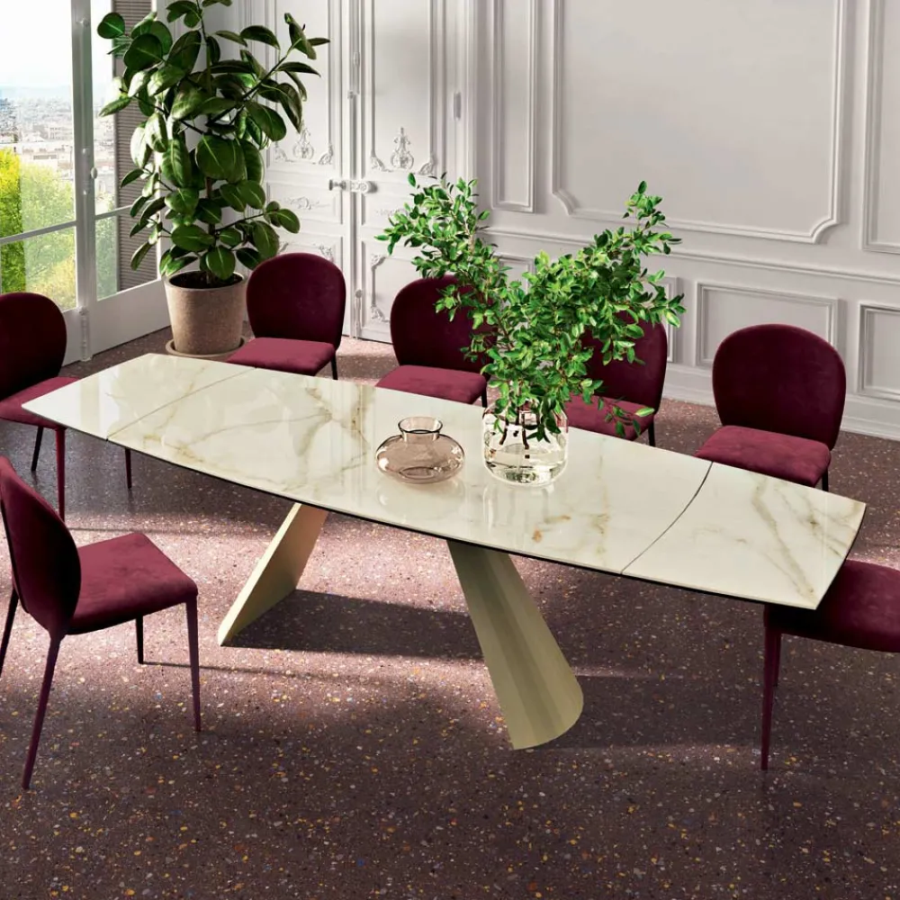 Viadurini Living Ausziehbare Esstische-Ausziehbarer Wohnzimmertisch mit tonnenförmiger Platte aus Keramik, hergestellt in Italien – Gläser