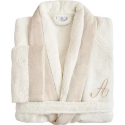 Viadurini Textile Bademäntel-Bademantel aus Baumwollfrottee mit Schalkragen, Leinenrüsche und Monogramm – Weichheit