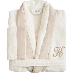 Viadurini Textile Bademäntel-Bademantel aus Baumwollfrottee mit Schalkragen, Leinenrüsche und Monogramm – Weichheit