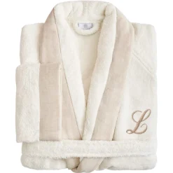 Viadurini Textile Bademäntel-Bademantel aus Baumwollfrottee mit Schalkragen, Leinenrüsche und Monogramm – Weichheit