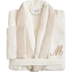 Viadurini Textile Bademäntel-Bademantel aus Baumwollfrottee mit Schalkragen, Leinenrüsche und Monogramm – Weichheit