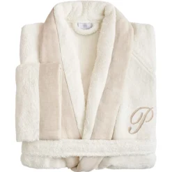 Viadurini Textile Bademäntel-Bademantel aus Baumwollfrottee mit Schalkragen, Leinenrüsche und Monogramm – Weichheit