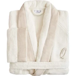 Viadurini Textile Bademäntel-Bademantel aus Baumwollfrottee mit Schalkragen, Leinenrüsche und Monogramm – Weichheit