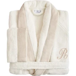 Viadurini Textile Bademäntel-Bademantel aus Baumwollfrottee mit Schalkragen, Leinenrüsche und Monogramm – Weichheit