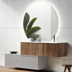 Viadurini Bathroom Badmöbel Hängend-Badezimmerkomposition aus gerippter Rio-Eiche und Grau, hergestellt in Italien – Chrono