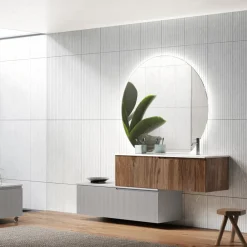 Viadurini Bathroom Badmöbel Hängend-Badezimmerkomposition aus gerippter Rio-Eiche und Grau, hergestellt in Italien – Chrono