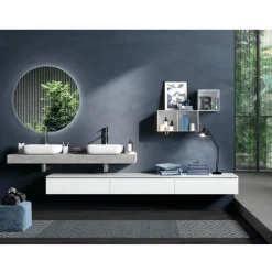 Viadurini Bathroom Badmöbel Hängend-Badezimmerkomposition in Betonfarbe und Mattweiß mit Waschbecken, Spiegel und Sockel – Palom