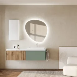 Viadurini Bathroom Badmöbel Hängend-Badezimmerkomposition in Salbeigrün und gerippter Eiche, hergestellt in Italien – Uranus
