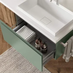 Viadurini Bathroom Badmöbel Hängend-Badezimmerkomposition in Salbeigrün und gerippter Eiche, hergestellt in Italien – Uranus