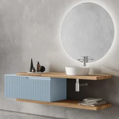 Viadurini Bathroom Badmöbel Hängend-Badezimmerkomposition in Tiffany-Blau und Eiche mit Spiegel, hergestellt in Italien – Ermes