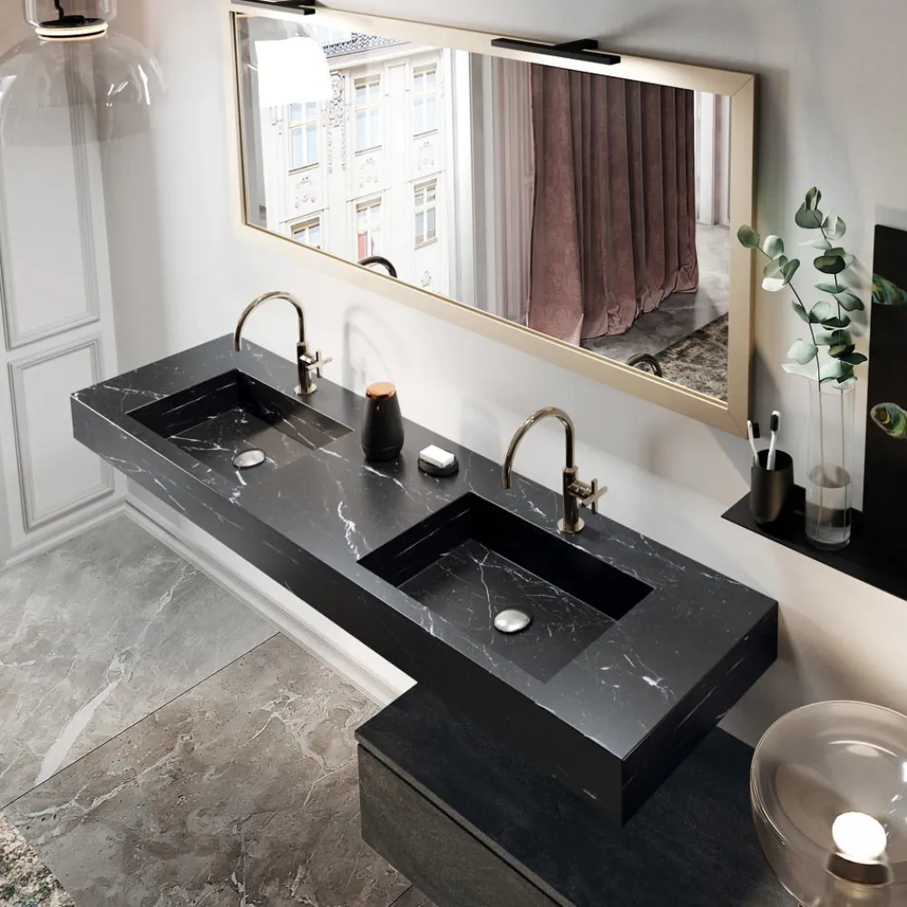 Viadurini Bathroom Badmöbel Hängend-Badezimmerkomposition komplett mit Spiegel und Doppelwaschbecken, hergestellt in Italien – Palom