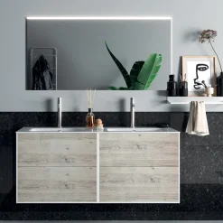 Viadurini Bathroom Badmöbel Hängend-Badezimmerkomposition mit Spiegel, Doppelwaschbecken und Sockel, hergestellt in Italien – Kilos