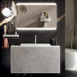 Viadurini Bathroom Badmöbel Hängend-Badezimmerkomposition mit Sockel, Spiegel und Waschbecken aus Kunstharz, hergestellt in Italien – Kilos