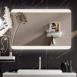 Viadurini Bathroom Badmöbel Hängend-Badezimmerkomposition mit Sockel, Spiegel und Waschbecken aus Kunstharz, hergestellt in Italien – Kilos