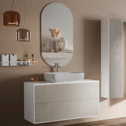 Viadurini Bathroom Badmöbel Hängend-Badezimmerkomposition mit Sockel aus Havanna-Stein, Spiegel und Waschbecken, hergestellt in Italien – Kilos