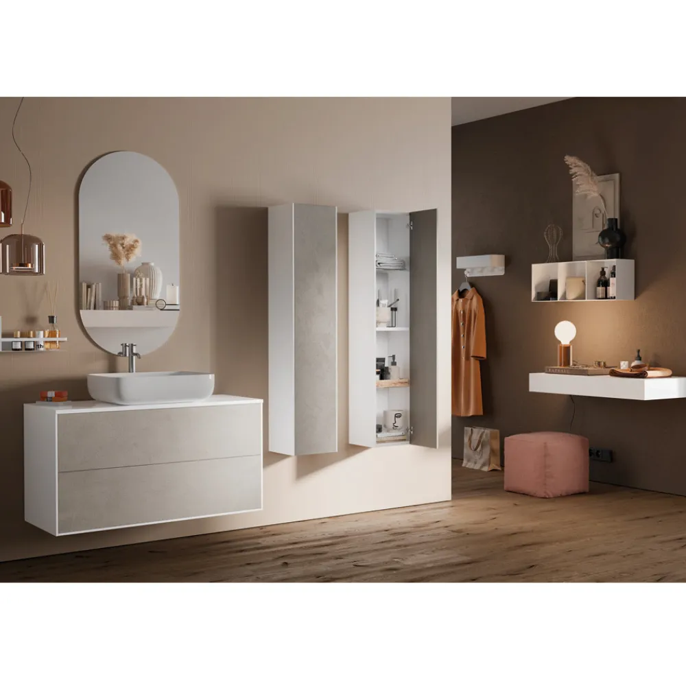 Viadurini Bathroom Badmöbel Hängend-Badezimmerkomposition mit Sockel aus Havanna-Stein, Spiegel und Waschbecken, hergestellt in Italien – Kilos