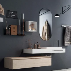 Viadurini Bathroom Badmöbel Hängend-Badezimmerkomposition mit ovalem Spiegel, Waschbecken und Sockel, hergestellt in Italien – Palom