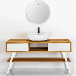 Viadurini Bathroom Badmöbel Stehend-Badezimmer-Komposition mit Teak-Bodenschrank, Waschbecken und Zubehör - Georges