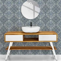 Viadurini Bathroom Badmöbel Stehend-Badezimmer-Komposition mit Teak-Bodenschrank, Waschbecken und Zubehör - Georges