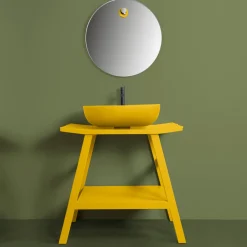 Viadurini Bathroom Badmöbel Stehend-Badezimmerkomposition mit natürlichem Teakholzschrank und rundem Spiegel - Patryk