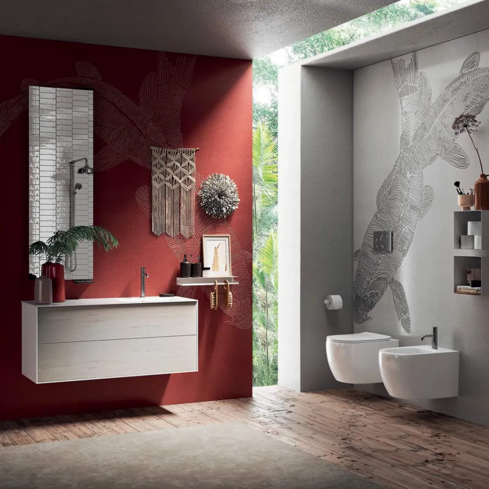 Viadurini Bathroom Badmöbel Hängend-Badezimmerkomposition mit um 180° drehbarem Spiegel, Sockel und Waschbecken Made in Italy – Kilos