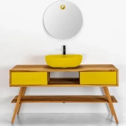 Viadurini Bathroom Badmöbel Stehend-Badezimmerkomposition mit Teakholzschrank und Waschbecken Gelbe Details - Georges