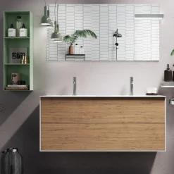 Viadurini Bathroom Badmöbel Hängend-Badezimmerkomposition mit Sockel aus Honigeiche, Waschbecken und Spiegel, hergestellt in Italien – Kilos