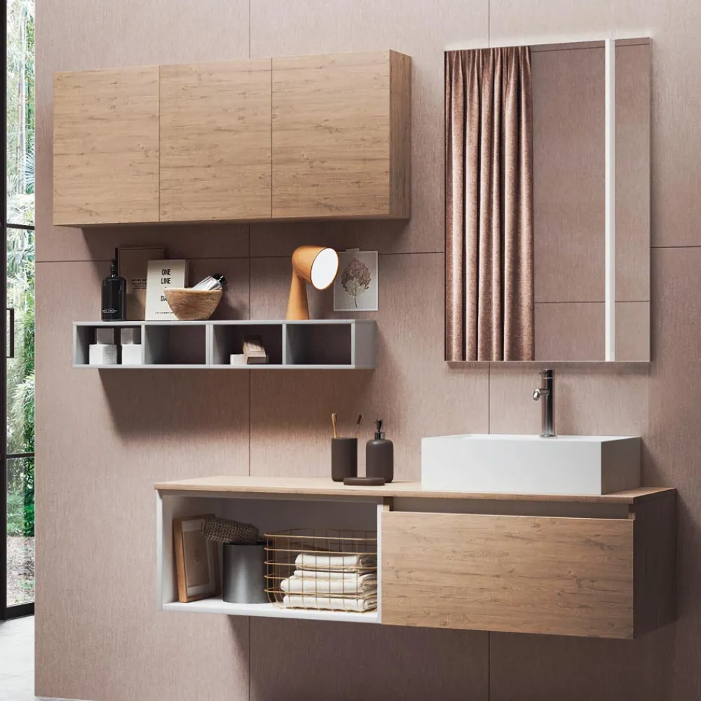 Viadurini Bathroom Badmöbel Hängend-Badezimmerkomposition mit Spiegel mit integrierter Lampe, Waschbecken und Sockel – Dream
