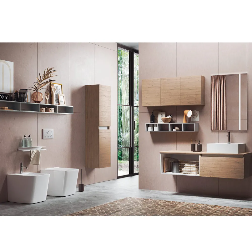 Viadurini Bathroom Badmöbel Hängend-Badezimmerkomposition mit Spiegel mit integrierter Lampe, Waschbecken und Sockel – Dream