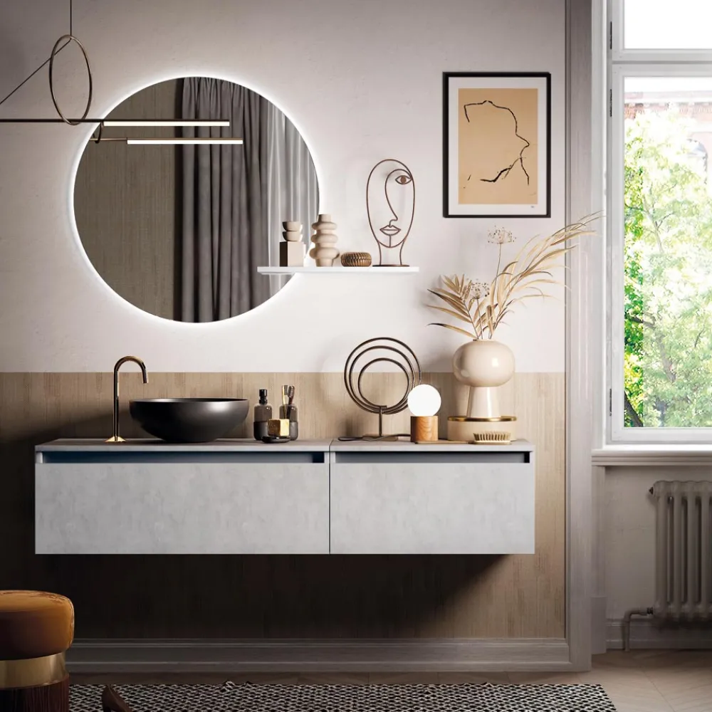 Viadurini Bathroom Badmöbel Hängend-Badezimmerkomposition mit Waschbecken, Hängesockel und Spiegel Made in Italy – Dream