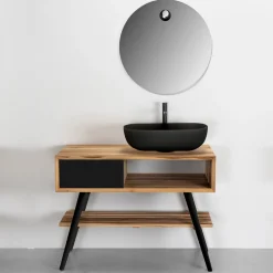 Viadurini Bathroom Badmöbel Stehend-Badezimmerkomposition mit Teakholzschrank und Tonzubehör - Sylviane