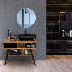 Viadurini Bathroom Badmöbel Stehend-Badezimmerkomposition mit Teakholzschrank und Tonzubehör - Sylviane