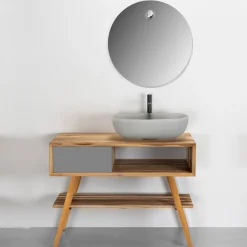 Viadurini Bathroom Badmöbel Stehend-Badezimmermöbel-Komposition mit rundem Spiegel und Bodenschrank - Sylviane