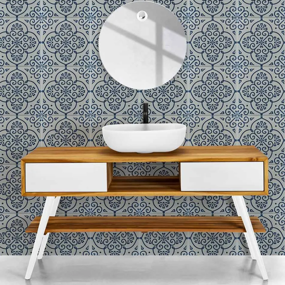 Viadurini Bathroom Badmöbel Stehend-Badezimmerschrank aus natürlichem Teakholz mit weißen Schubladen aus Mahagoni - Hamadou