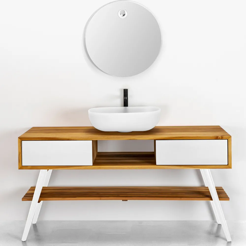 Viadurini Bathroom Badmöbel Stehend-Badezimmerschrank aus natürlichem Teakholz mit weißen Schubladen aus Mahagoni - Hamadou