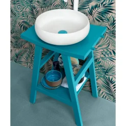 Viadurini Bathroom Badmöbel Stehend-Badezimmerschrank aus natürlichem blauem Teakholz mit halb gebogener Platte und Haken - Raomi