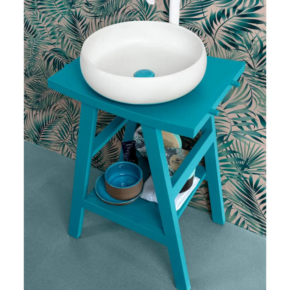 Viadurini Bathroom Badmöbel Stehend-Badezimmerschrank aus natürlichem blauem Teakholz mit halb gebogener Platte und Haken - Raomi